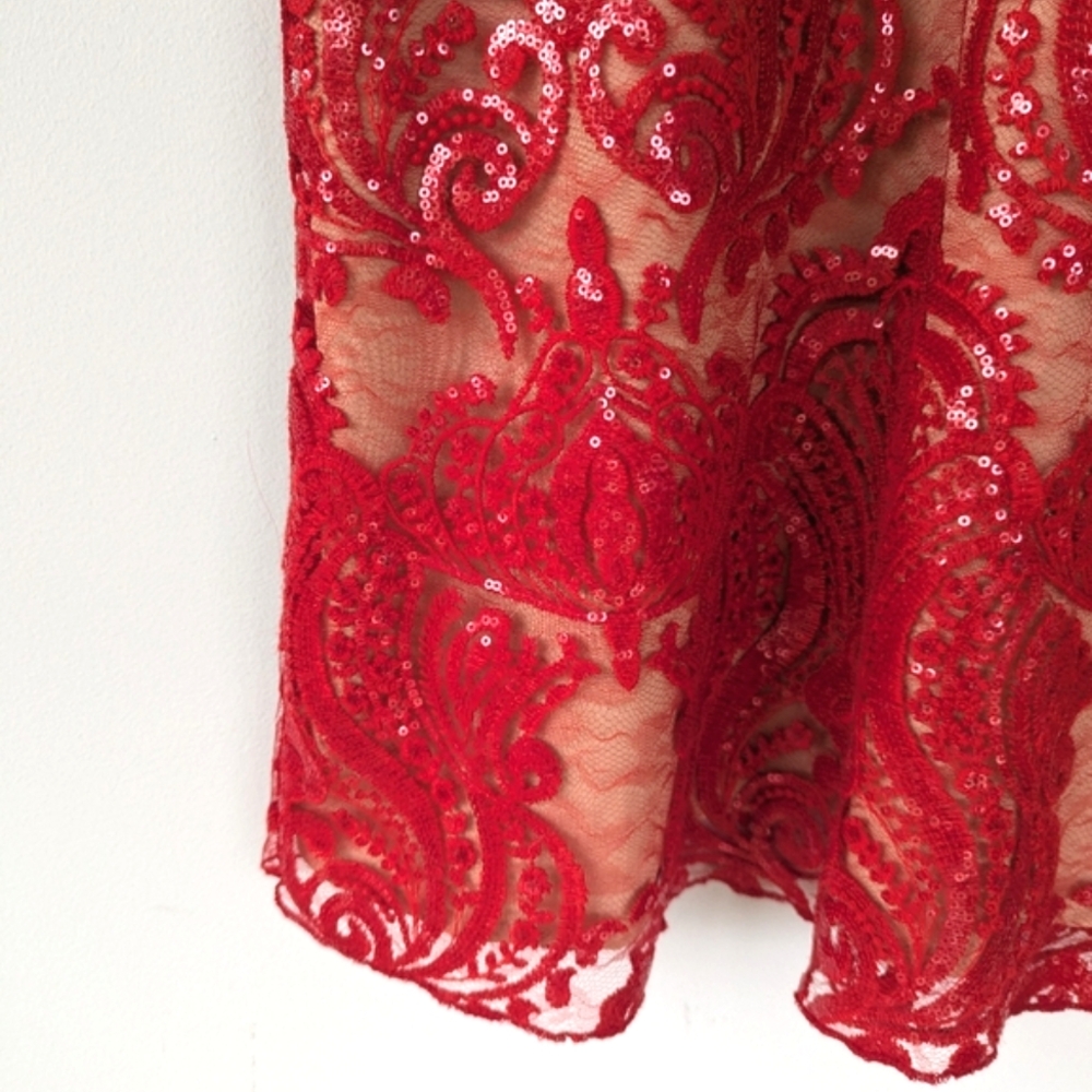 Free People Night Shimmers Red Sequin & Lace Mini Dress - Picture 8 of 14